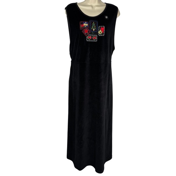 Vtg Erika Black Velour Christmas Maxi‎ Dress XL Sleeveless Presents Tree Holiday - Picture 3 of 12